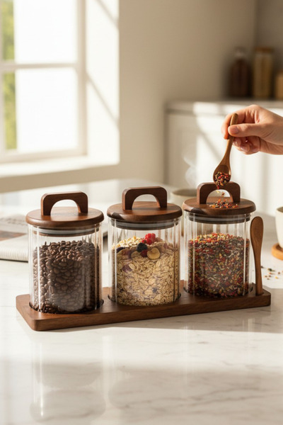 Paşabahçe Standlı 3’lü Cam Saklama Kabı | Akasya Kapaklı, Kaşıklı, Baharat & ...