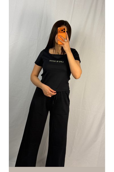 Alizstore Women's Black Basic Set Crop T-Shirt and Wide-Leg Pants Casual Stylish Combination