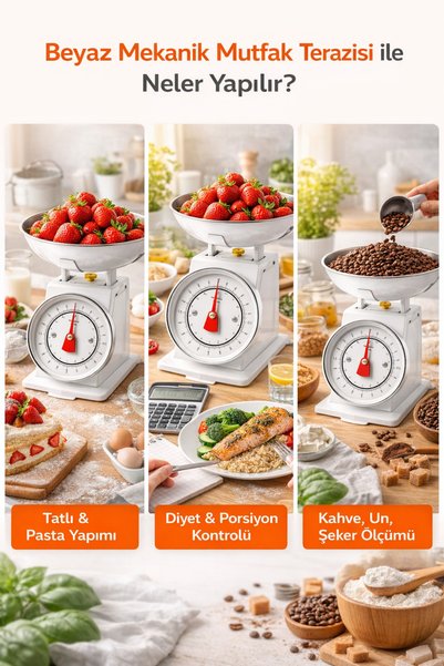 Kezze Beyaz Mekanik Mutfak Terazisi | Çelik Hazneli, Hassas Ölçüm, Retro Tasarım, 2 Kg Kapasiteli