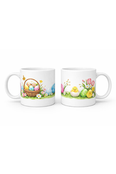 NO BRAND Happy Easter mug with spring flowers and painted eggs - minimalist gift