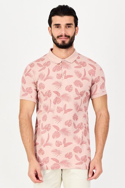Brave Soul Men Regular Fit Short Sleeve Floral Print Polo Shirt, Dusty Pink