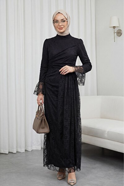 Modamorfo Lace Dress with Flounce Sleeves, Draped Front, and Lined - Black