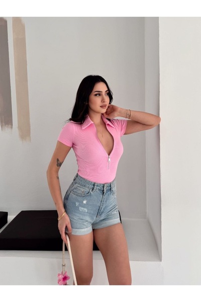 Alizstore بلوزة نسائية أساسية بياقة بولو وسحاب أمامي - تصميم مريح وأنيق للاست...