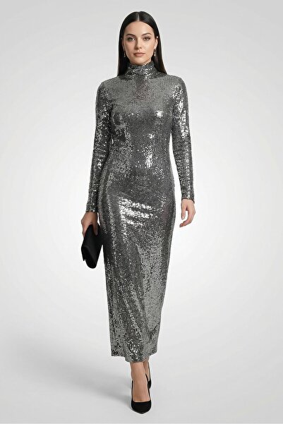 Maje Women Sequin Slit Maxi Dress, Silver