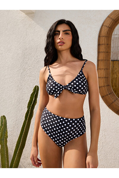 Styli Black Polka Dot Tie Detail Bikini and High Leg Brief Set