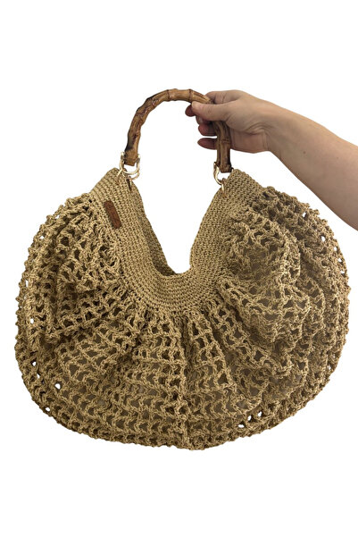 Emelin El Emekleri Paper String Mesh Knitted Bag with Bamboo Handle