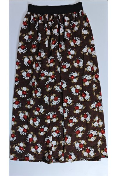 BBS Brown Daisy Patterned Elastic Waist Loose Long Skirt - Comfortable Fit