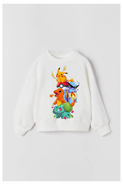 Tubinyoo Pokemon Printed White Crew Neck 3 Thread Sweatshirt