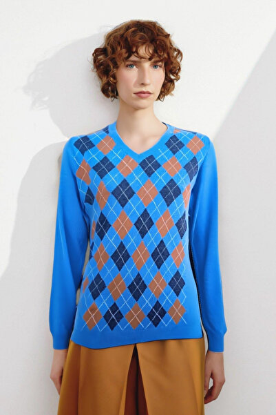 Desen Triko Women's V-Neck Diamond Pattern Wool Sweater O.Blue
