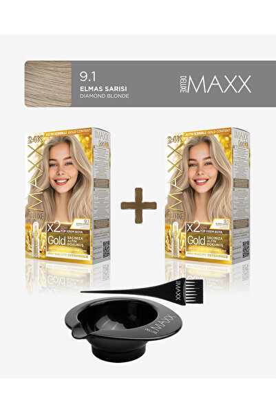 MAXX DELUXE 2'li Paket Golden Beauty Set Saç Boyası 9.1 Elmas Sarısı, Boya Ta...