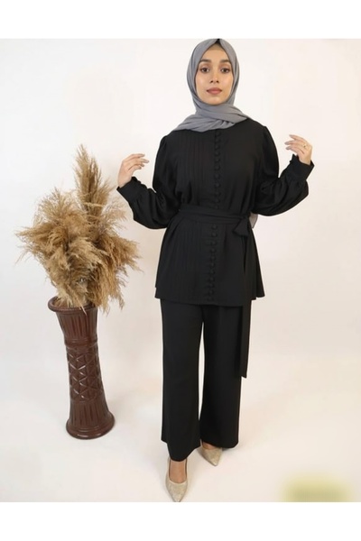 Libas lab ليباسلاب شباب - طقم أنيق من قطعتين من الكتان، مزين بأزرار علوية مطو...