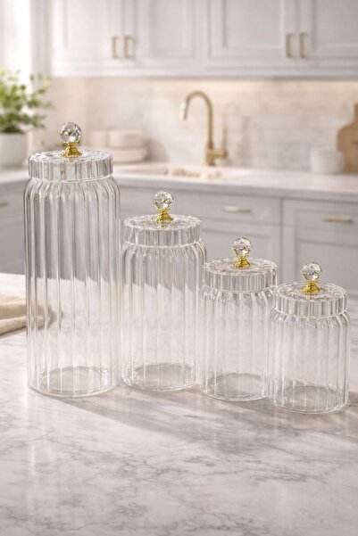 Qerhome Set of 4 Borosilicate Glass Optical Striped Crystal Jars with Gold Li...