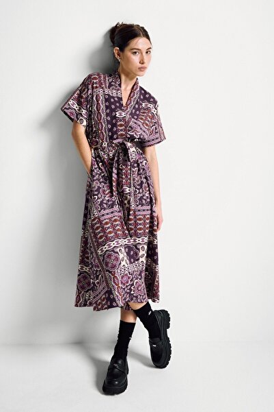 United Colors of Benetton Rochie din poplin cu decolteu în V, cu curea, cu mo...