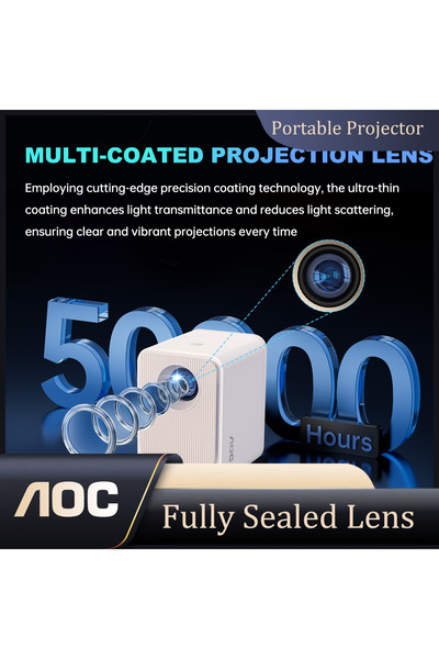 Aoc Sealed Mini Projector 9000L 1080P 4K AutoFocus 250" Wireless iPhone Android