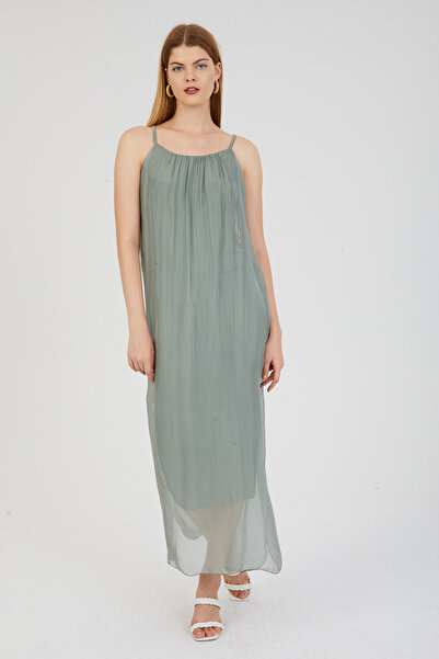 della moor Khaki Italian Strap Dress with Side Slits and Lining, Long Silk Dr...