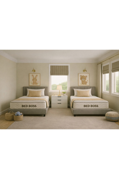 BedBoss سرير اطفال تنجيد قماش رمادي هيدروليك خشب متين