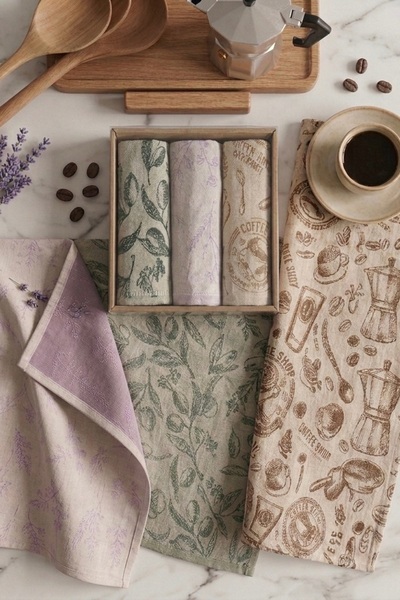 Nilteks Brunch Set of 3 100% Cotton Jacquard Kitchen Napkins and Drying Cloths - Natural - 40X60 cm