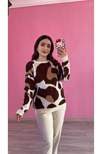 EGELİMODA Women's Patterned Long Brown Knitwear Sweater