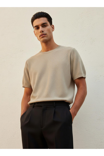 Iconic Men Regular Fit Crew Neck Short Sleeves Popcorn Textured T-shirt