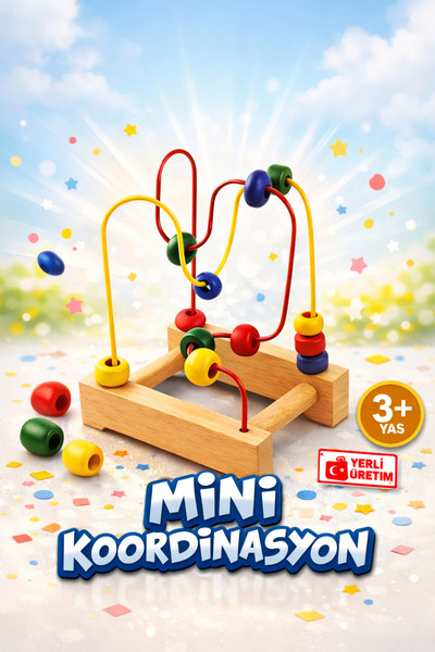 WOODOY Mini Koordinasyon Ahşap Boncuklu Motorik Oyunu 3 + Yaş