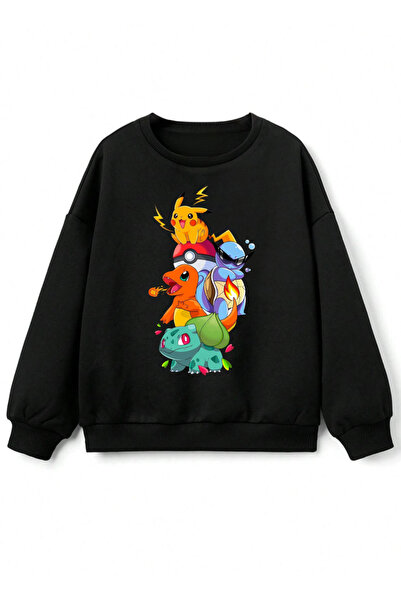 Tubinyoo Pokemon Printed Black Crew Neck 3 Thread Sweatshirt