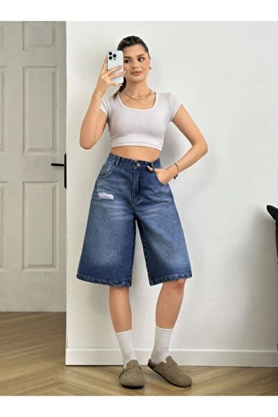 KENE JEANS Laser Pre-Cut Blue Embroidered Denim Shorts