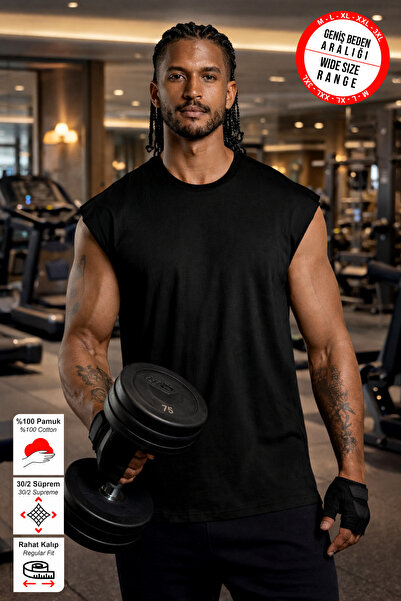 BESSA قميص رياضي أسود برقبة دائرية من القطن السميك الفاخر للرجال للياقة البدنية