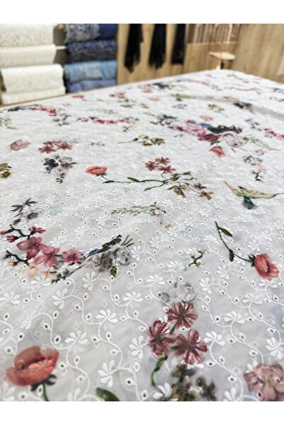 METERİAL Digital Printed Floral and Bird Patterned White Brode Fabric