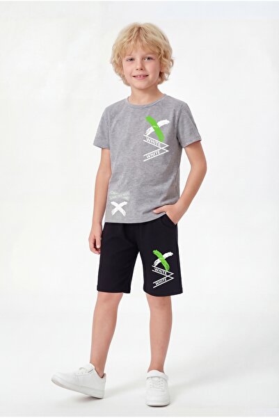 YA KO KİDS Boy's Trend X Printed White T-Shirt Black Shorts Set