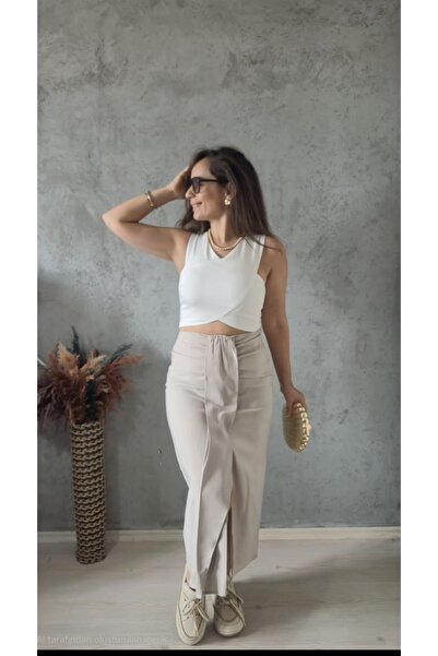 Butik Drapeli Yırtmaçlı Midi Etek