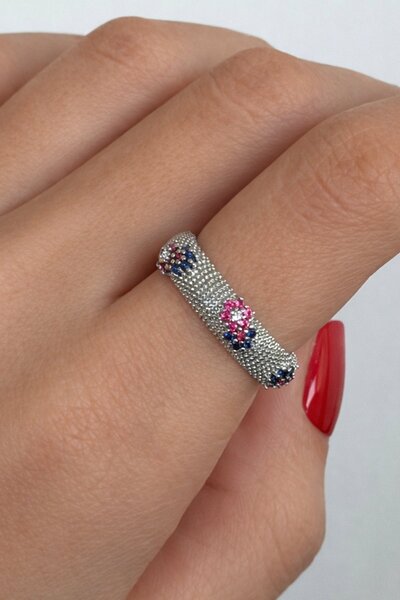 TAKIŞTIR Silver Color Flower Detailed Stone Adjustable Ring