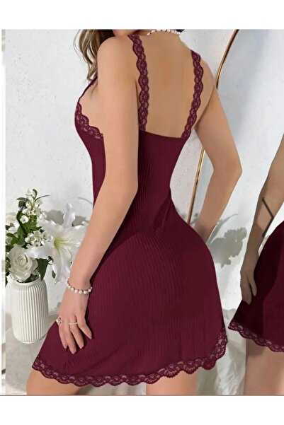 pijamaaskim Fitilli Gecelik Bordo Mini