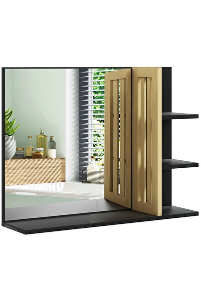 OEM Oglindă de baie cu 4 rafturi, bambus/MDF/sticlă, negru/, 45 x 15 x 58,5 cm