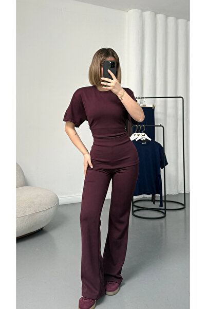 nona butik طقم سونا مودال مع حزام - أحمر داكن