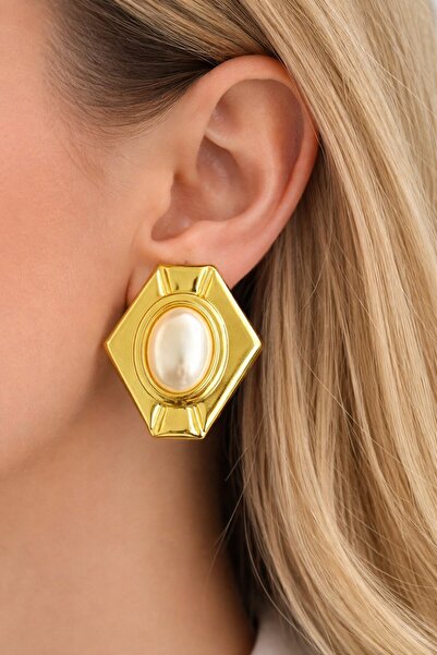 TAKIŞTIR Gold Color Pearl Detailed Metal Earrings (Pair)