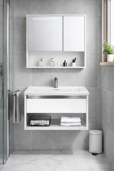 Radinavico Set mobilier baie, suspendat, 70x47cm, dulap oglinda 65x68x11cm, LED cu senzor, alb