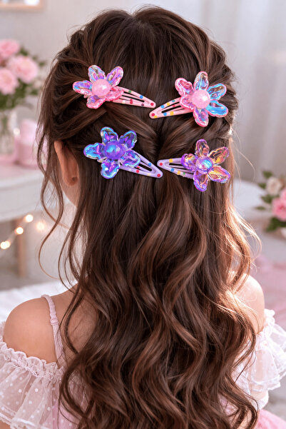 TAKIŞTIR Σετ 4 τεμαχίων πλαϊνές αγκράφες σε ροζ και μωβ χρώμα με σχέδιο λουλο...