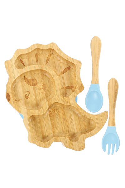 Arabest Bamboo Dinosaur Themed Suction Plate with Fork Spoon Set for Boys Girls