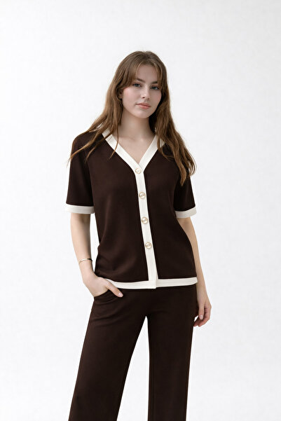 COLVIS MAN Women's V-Neck Contrast Detail Buttoned Summer Tracksuit Set
