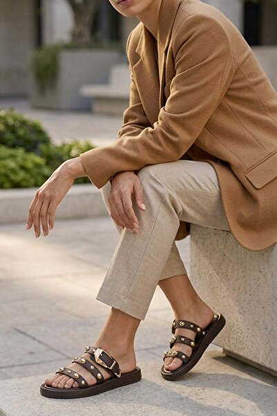 Stilbagshoes Beyzi̇ Gold Beaded Detail Women's Slippers Brown