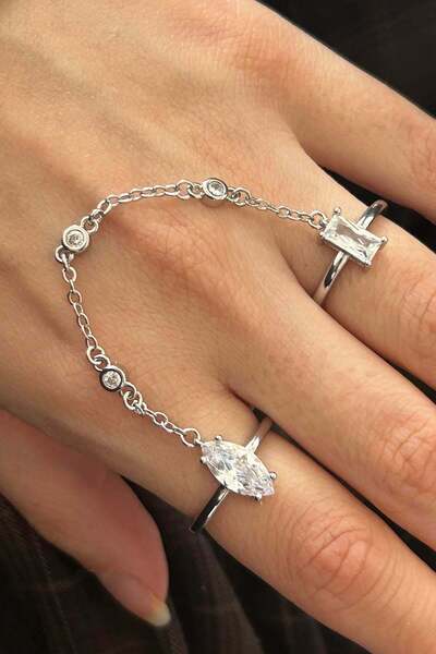 TAKIŞTIR Silver Color Stone Detailed Adjustable Double Ring