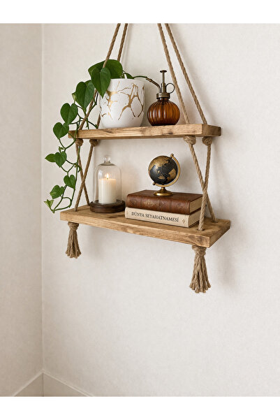 sgeteknoloji Rustic Rope Wooden Shelf 2-Piece Wall Shelf 40X9 cm Natural Desi...