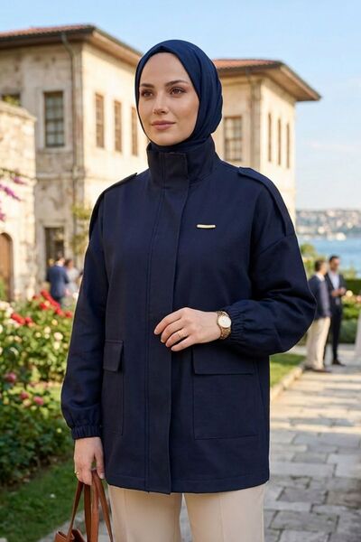 adamila Kadın Oversize Dik Yaka Cep Detaylı Tesettür Trençkot Ceket Günlük Şı...