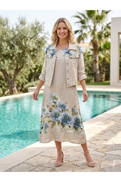 Punta Otantik Yg16005 Italian Floral Patterned Strappy Linen Dress Jacket Set...