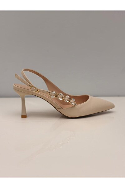 FELES Kadın Bej Nubuk Arkası Açık İnce Topuklu Stiletto Taş Detaylı - 7 cm To...
