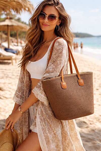 HAZAL KAYA ATELIER Wicker Women's Bag with Brown Leather Handles