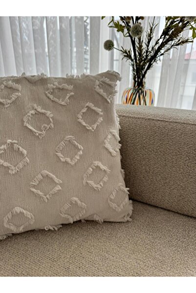 Butik Beyaz Tufteli Baklava Desenli Dekoratif Kırlent Kılıfı - Fermuarsız Zar...