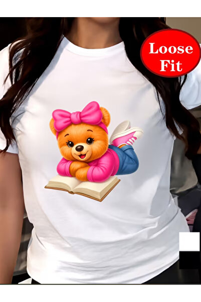 LİNA06 Adorable Bear, Cartoon-Style Print, Round Neck Short-Sleeve T-Shirt