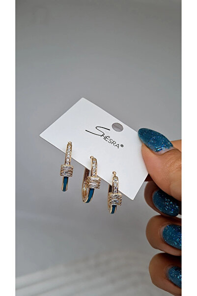 shesra Taş Detaylı Üçlü Halka Rose Küpe Seti