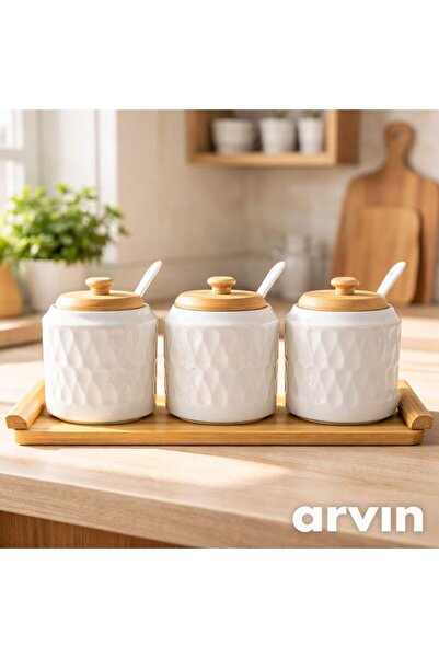 YENİLİK RÜZGARI Bambu Standlı 3`lü Kaşıklı Baharatlık